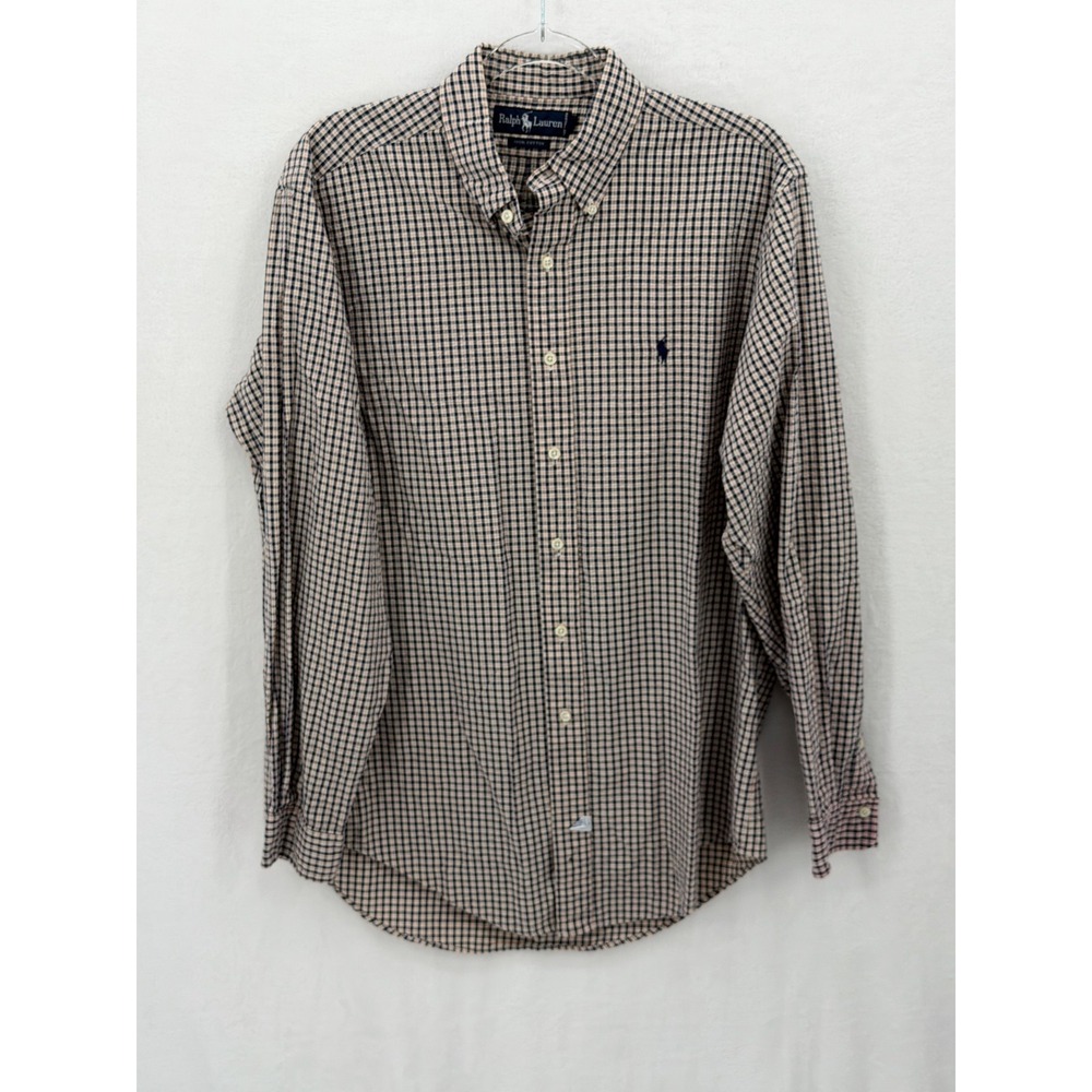 Ralph Lauren Shirt Mens Large Navy Cream Plaid Button Up Classic Casual Preppy